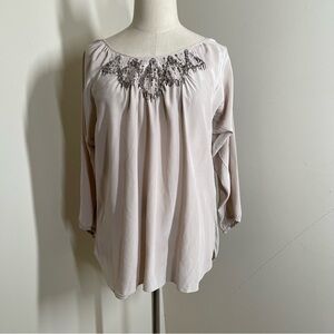Rebecca Taylor 100% Silk Beaded- SZ 2 -Tan 3/4 Sleeve Boho Peasant Top Blouse